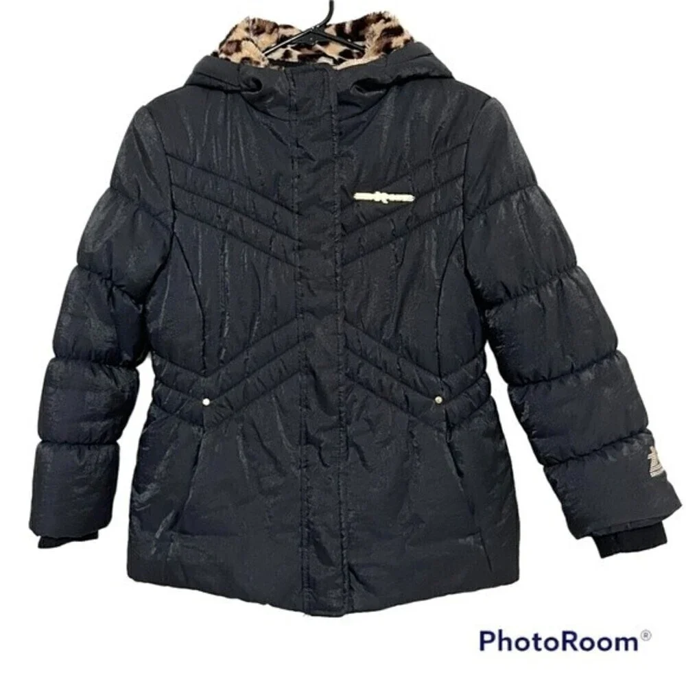 ZeroXposur Girls Coat Black with Leopard Print Lined Hood Size Medium